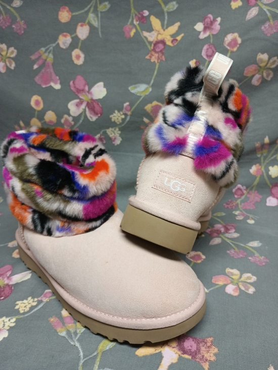 UGG Shoes - UGG Fluff Mini Quilted Motlee Boots – Lt Pink Suede w Multicolor Fur Cuff Sz. 9
